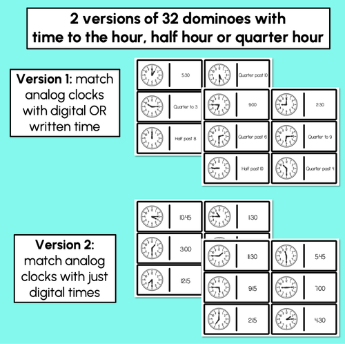 Resource preview 2 for Time Dominoes – O'Clock, Half Hour, Quarter Hour