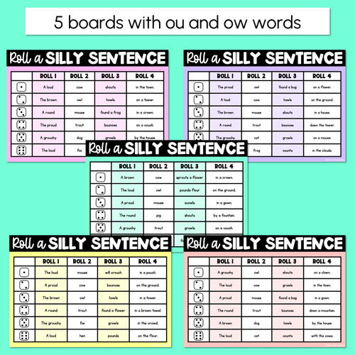 Resource preview 2 for Decodable Sentences with Diphthong OW/OU Words - Roll a Silly Sentence Phonics
