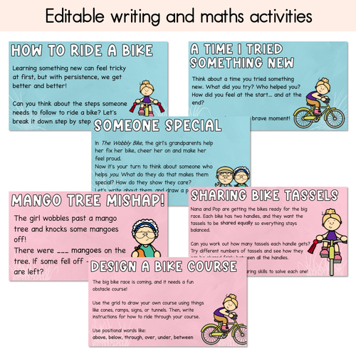 Resource preview 2 for The Wobbly Bike Writing, Maths & Design Prompt Editable Slides - Book Week 2025