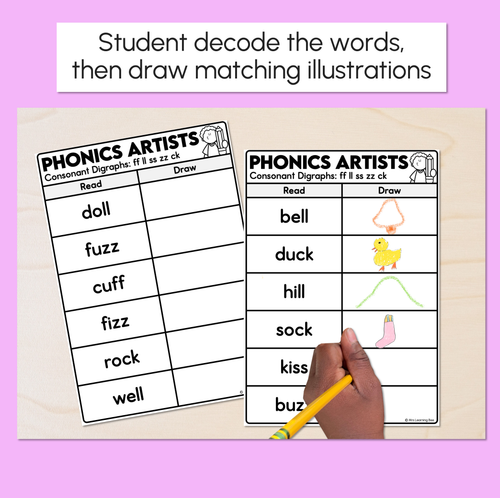 Resource preview 2 for Phonics Artists - Consonant Digraphs FF LL SS ZZ CK Words - Decodable Words Activity