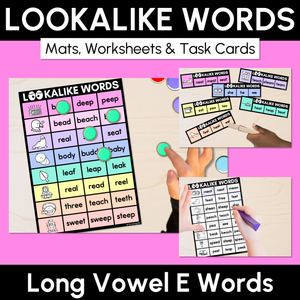 LOOKALIKE WORDS with LONG E Words - LONG VOWEL E Words - Task Cards & Printables