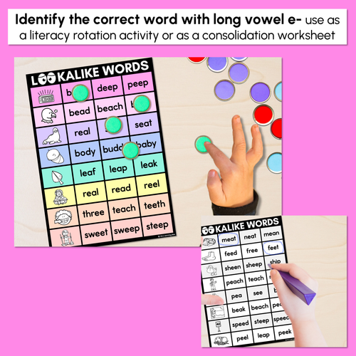 Resource preview 2 for LOOKALIKE WORDS with LONG E Words - LONG VOWEL E Words - Task Cards & Printables