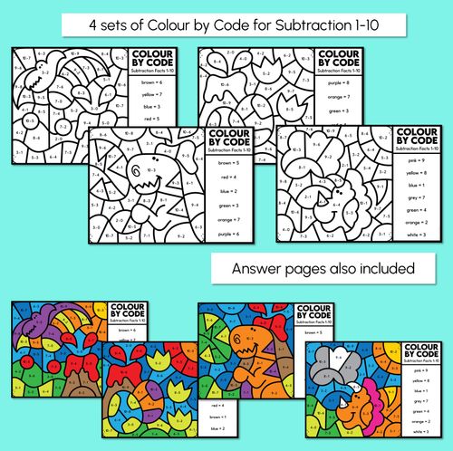 Resource preview 2 for Colour By Code - Subtraction Facts 1-10 & 11-20 - Dinosaur Theme