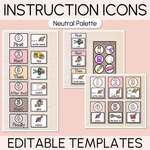 Resource preview 1 for Instructional Icon Editable Templates - Classroom Instructions & Equipment Visuals - NEUTRAL PALETTE