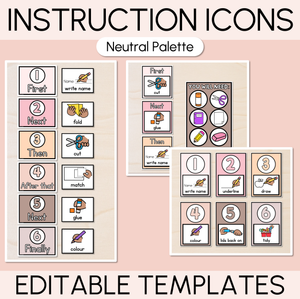 Instructional Icon Editable Templates - Classroom Instructions & Equipment Visuals - NEUTRAL PALETTE