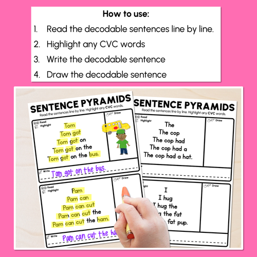 Resource preview 2 for Decodable Sentence Pyramid Worksheets - Mixed CVC Words