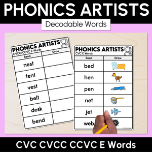Phonics Artists - CVC CVCC CCVC E Words - Decodable Words Activity