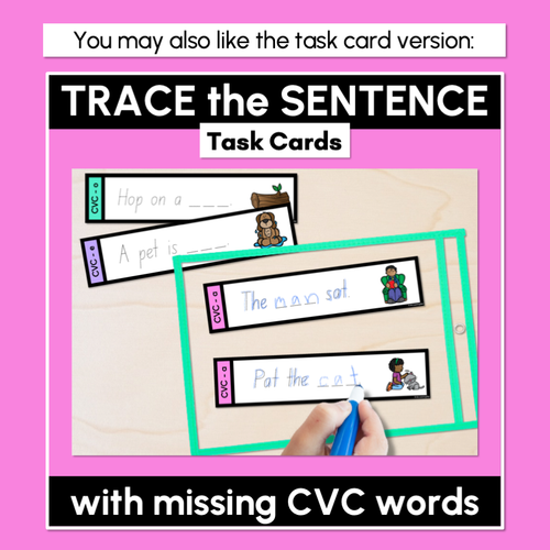 Resource preview 5 for CVC WORD SENTENCES WORKSHEETS - Trace the Sentence with missing CVC words