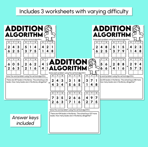 Resource preview 3 for Addition Algorithm - 3-Digit Number Problems Addition Worksheets