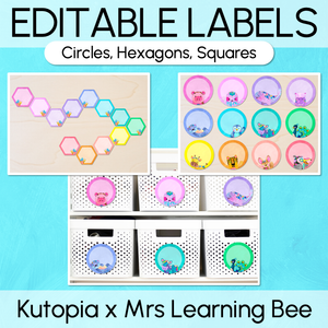 Editable Labels - Circles, Hexagons & Squares - Watercolour Rainbow Classroom Decor - The Kutopia Collection