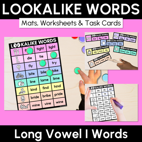 Resource preview 1 for LOOKALIKE WORDS with LONG I Words - LONG VOWEL I Words - Task Cards & Printables