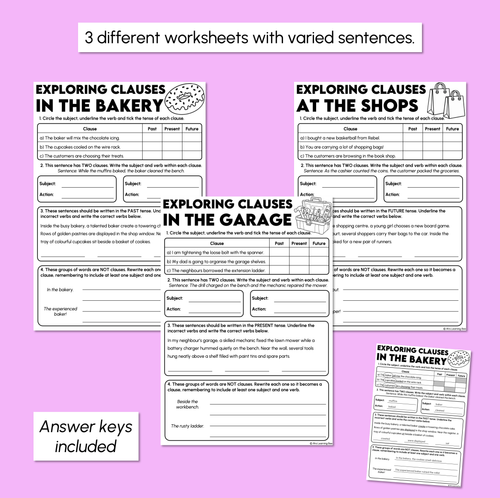 Resource preview 3 for Exploring Clauses with Subject & Verbs - Identifying Clauses Worksheets