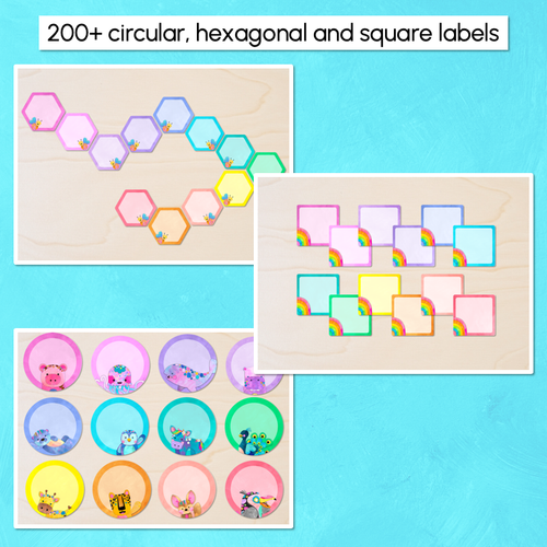 Resource preview 3 for Editable Labels - Circles, Hexagons & Squares - Watercolour Rainbow Classroom Decor - The Kutopia Collection