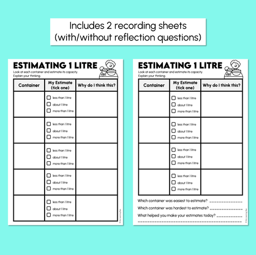 Resource preview 3 for Estimating 1 Litre Capacity Recording Sheets