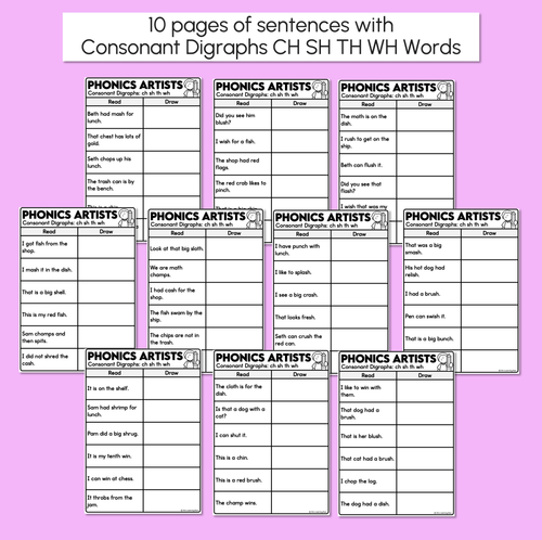 Resource preview 3 for Phonics Artists - Consonant Digraphs CH SH TH WH Words - Decodable Sentences Activity