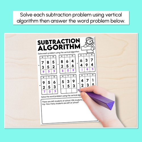 Resource preview 2 for Subtraction Algorithm - 3-Digit Number Problems Subtraction Worksheets