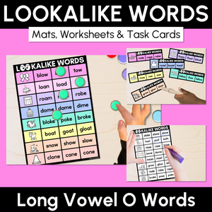 LOOKALIKE WORDS with LONG O Words - LONG VOWEL O Words - Task Cards & Printables