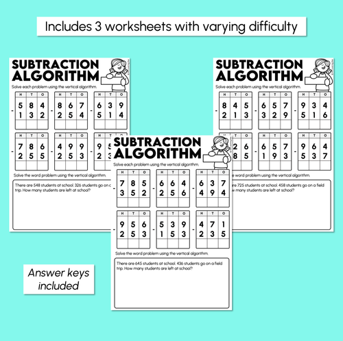 Resource preview 3 for Subtraction Algorithm - 3-Digit Number Problems Subtraction Worksheets