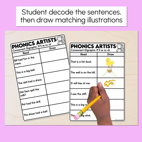 Resource preview 2 for Phonics Artists - Consonant Digraphs FF LL SS ZZ CK Words - Decodable Sentences Activity