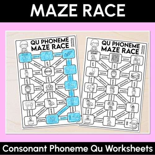 Resource preview 1 for Consonant Phoneme Qu Words Maze Race - Consonant Qu Words Worksheets