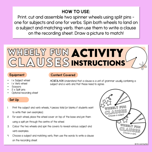 Resource preview 2 for Exploring Clauses with Subject & Verbs - Spinner Activity