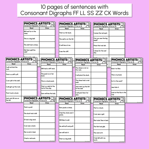 Resource preview 3 for Phonics Artists - Consonant Digraphs FF LL SS ZZ CK Words - Decodable Sentences Activity