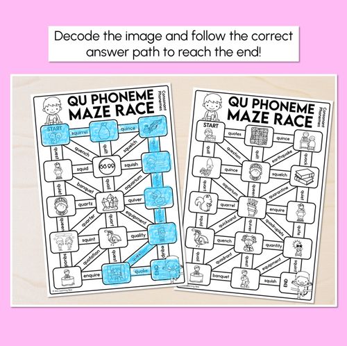 Resource preview 2 for Consonant Phoneme Qu Words Maze Race - Consonant Qu Words Worksheets
