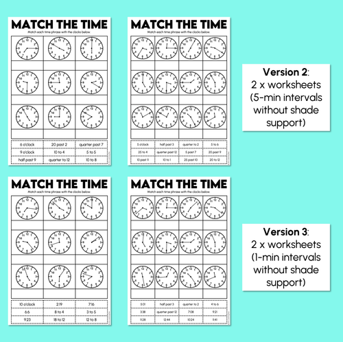 Resource preview 4 for Match the Time (5-minute & 1-minute intervals) - Reading Time Worksheets