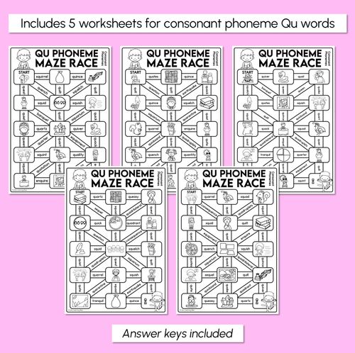 Resource preview 3 for Consonant Phoneme Qu Words Maze Race - Consonant Qu Words Worksheets