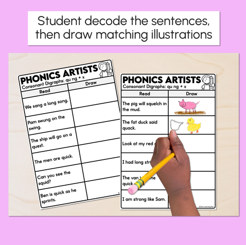 Resource preview 2 for Phonics Artists - Consonant Digraphs QU NG + X Words - Decodable Sentences Activity