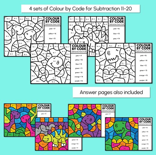 Resource preview 3 for Colour By Code - Subtraction Facts 1-10 & 11-20 - Dinosaur Theme