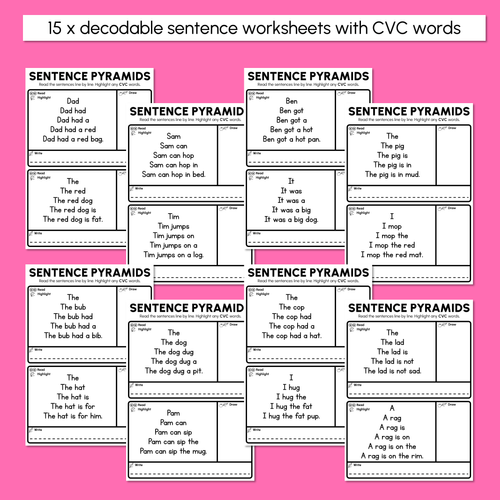 Resource preview 3 for Decodable Sentence Pyramid Worksheets - Mixed CVC Words