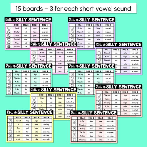 Resource preview 2 for Decodable Sentences with CVC CVCC CCVC Words Sorted By Vowel Sounds- Roll a Silly Sentence Phonics