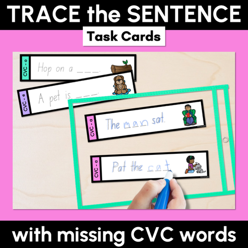 Resource preview 1 for CVC WORD SENTENCES TASK CARDS - Trace the Sentence with missing CVC words