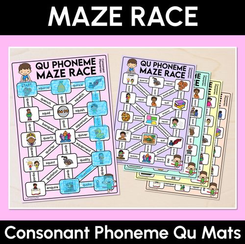 Resource preview 1 for Consonant Phoneme Qu Words Maze Race - Consonant Qu Words Mats