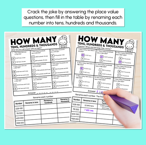 Resource preview 2 for Joke Code Cracker - How Many Tens, Hundreds, Thousands Worksheets