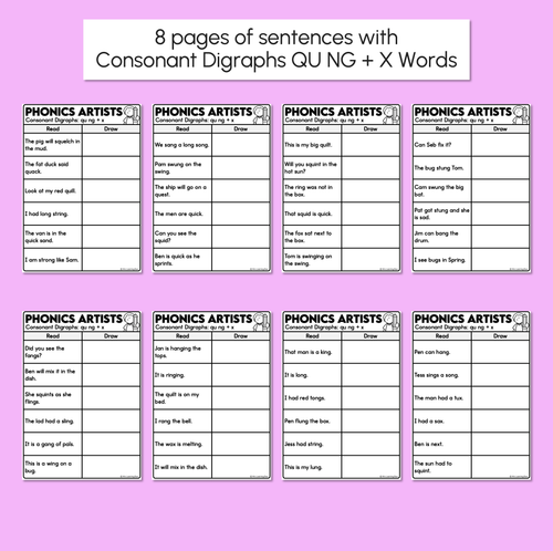Resource preview 3 for Phonics Artists - Consonant Digraphs QU NG + X Words - Decodable Sentences Activity