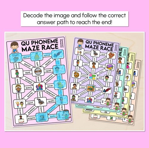 Resource preview 2 for Consonant Phoneme Qu Words Maze Race - Consonant Qu Words Mats