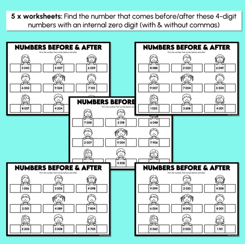 Resource preview 2 for Number Before & After - 4-Digit Numbers (Internal Zero Digits) - Worksheets
