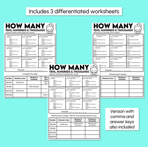 Resource preview 3 for Joke Code Cracker - How Many Tens, Hundreds, Thousands Worksheets
