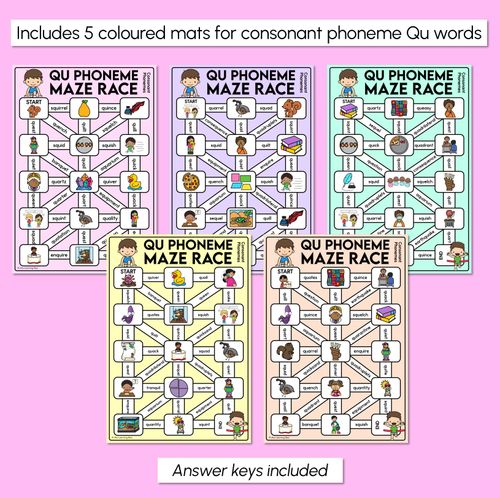Resource preview 3 for Consonant Phoneme Qu Words Maze Race - Consonant Qu Words Mats