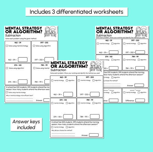 Resource preview 3 for Mental Strategies vs Algorithm - 3-Digit Subtraction Worksheets