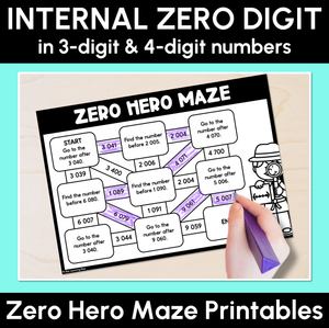 Zero Hero Maze - 3-Digit & 4-Digit Numbers (Internal Zero Digits) - Printables