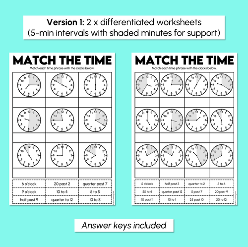 Resource preview 3 for Match the Time (5-minute & 1-minute intervals) - Reading Time Worksheets