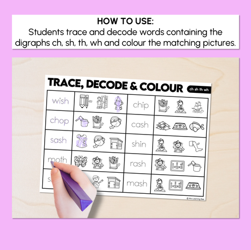 Resource preview 2 for Trace, Decode & Colour - Consonant Digraph CH SH TH WH Words Worksheets