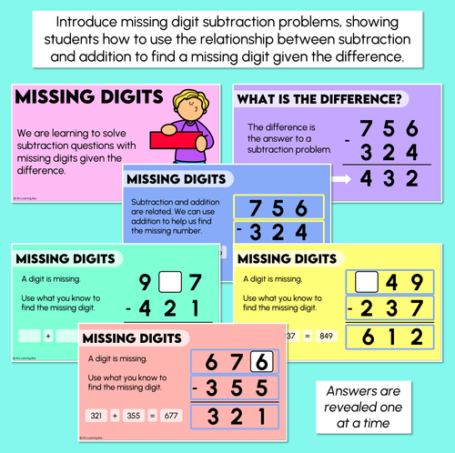 Resource preview 2 for Missing Digits - 3-Digit Numbers - Subtraction Problems Teaching Slides