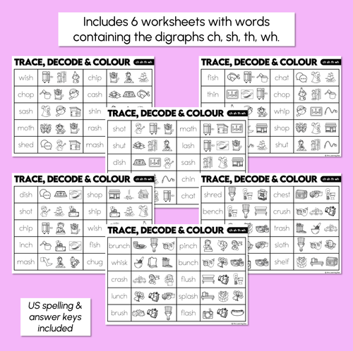 Resource preview 3 for Trace, Decode & Colour - Consonant Digraph CH SH TH WH Words Worksheets