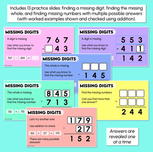 Resource preview 3 for Missing Digits - 3-Digit Numbers - Subtraction Problems Teaching Slides