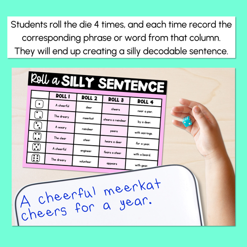 Resource preview 3 for Decodable Sentences with R-Controlled EER Words - Roll a Silly Sentence Phonics