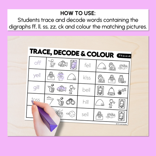 Resource preview 2 for Trace, Decode & Colour - Consonant Digraph FF LL SS ZZ CK Words Worksheets